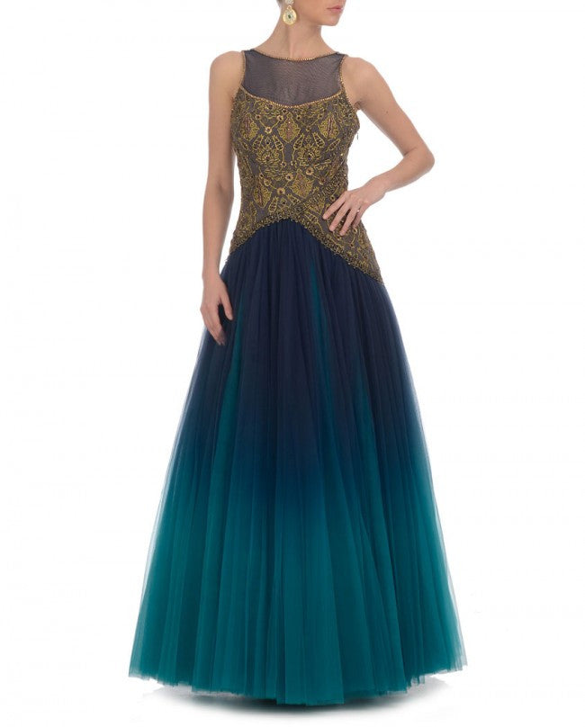 Navy Blue Floral Embroidered Layered Indo Western Gown | Gowns, Indo  western gown, Western gown